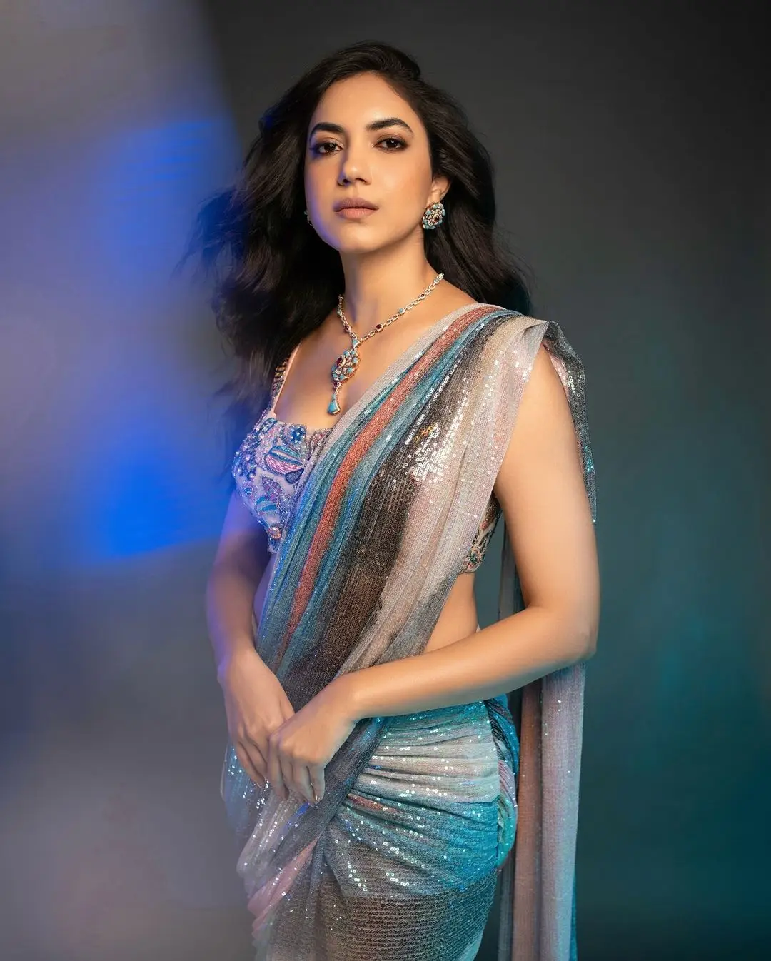 Ritu Varma Stills in Blue Saree Sleeveless Blouse